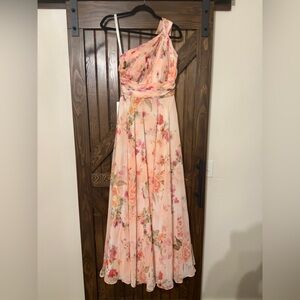 Azazie Charlize One-Shoulder Chiffon Gown in "Abstract Bouquet Floral" print